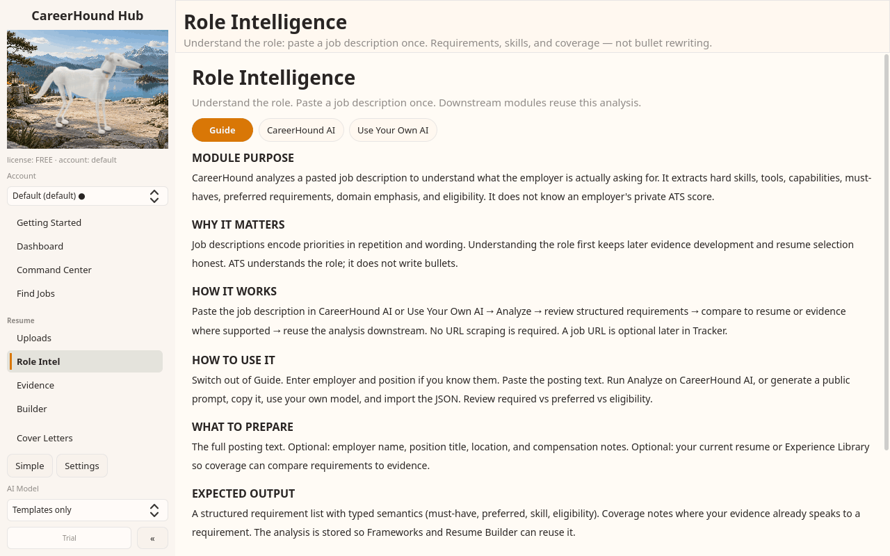 ATS Analysis: paste a job description and see the requirements, skills, and coverage against your evidence