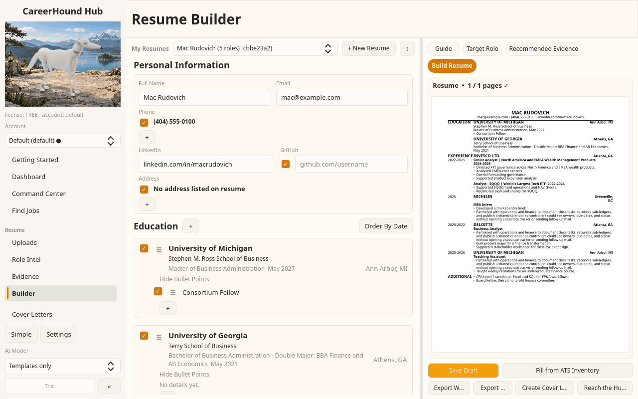 Resume Builder: assemble from selected evidence, no invented experience