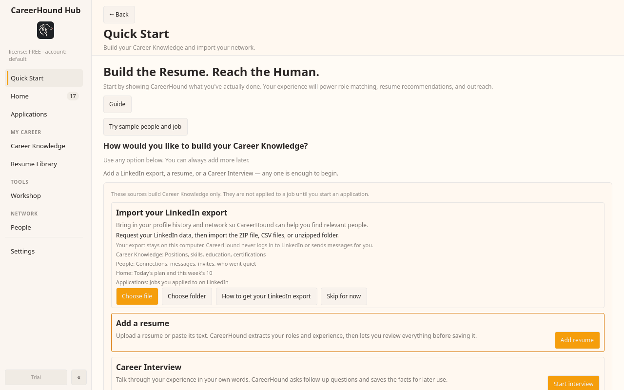 Quick Start is the entry point for a fresh profile