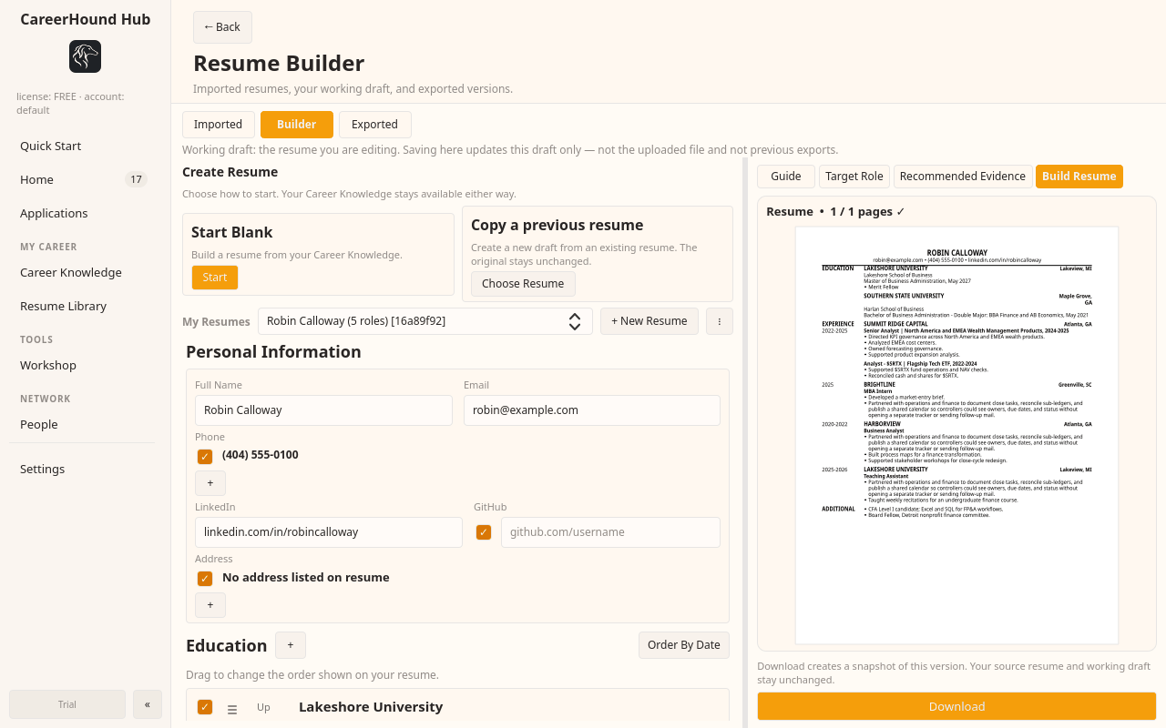 Resume Builder: personal details and education on the left, a live one-page resume preview on the right