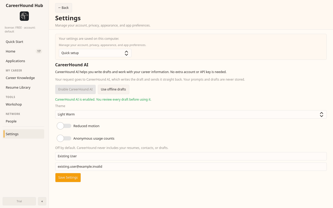 CareerHound AI settings